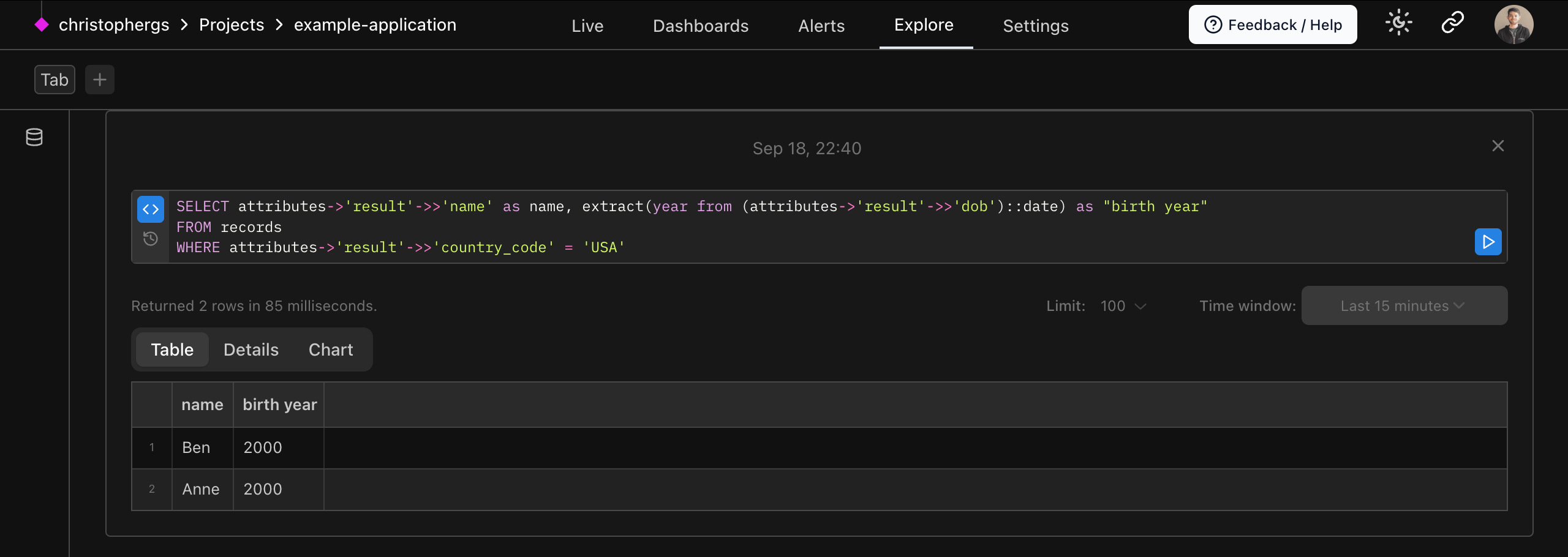 Logfire explore query screenshot