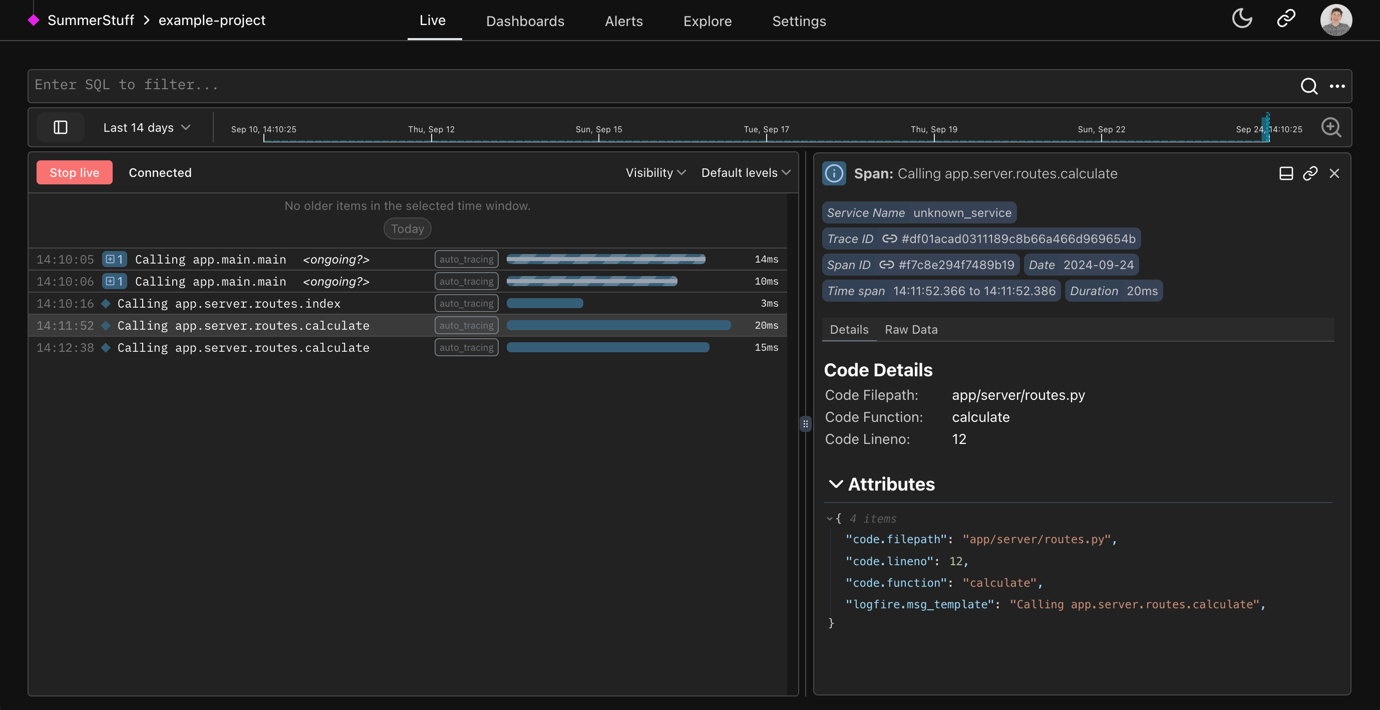 Logfire Auto-tracing screenshot